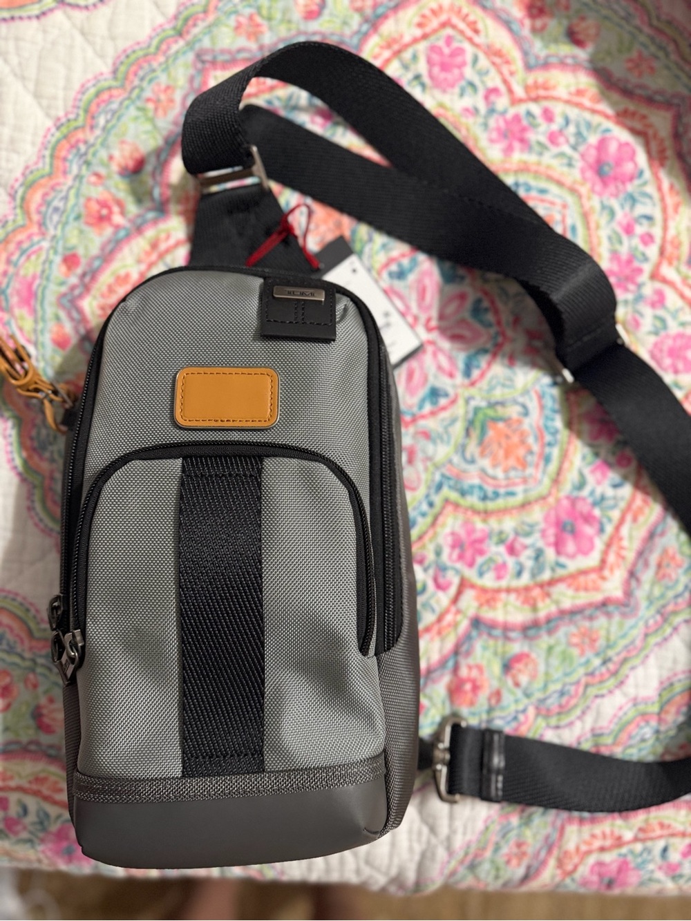 Gray Crossbody Sling Bag unisex Leather Accent